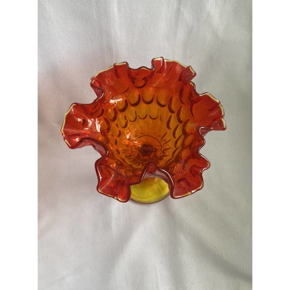 Fenton Amberina Glass Pedestal Compote Thumbprint Design Ruffled Edge Vintage - Picture 2 of 4